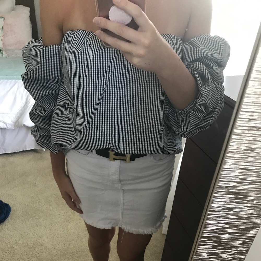 Gingham Off the Shoulder Top w/ Puffy Sleeps